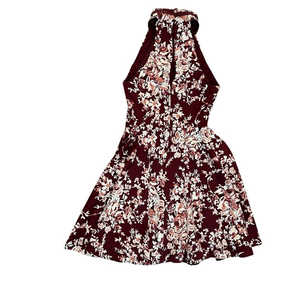 Women's XS (1/2) Burgundy Floral Fit & Flare Halter Knee Length Sleeveless Dress - Picture 7 of 7